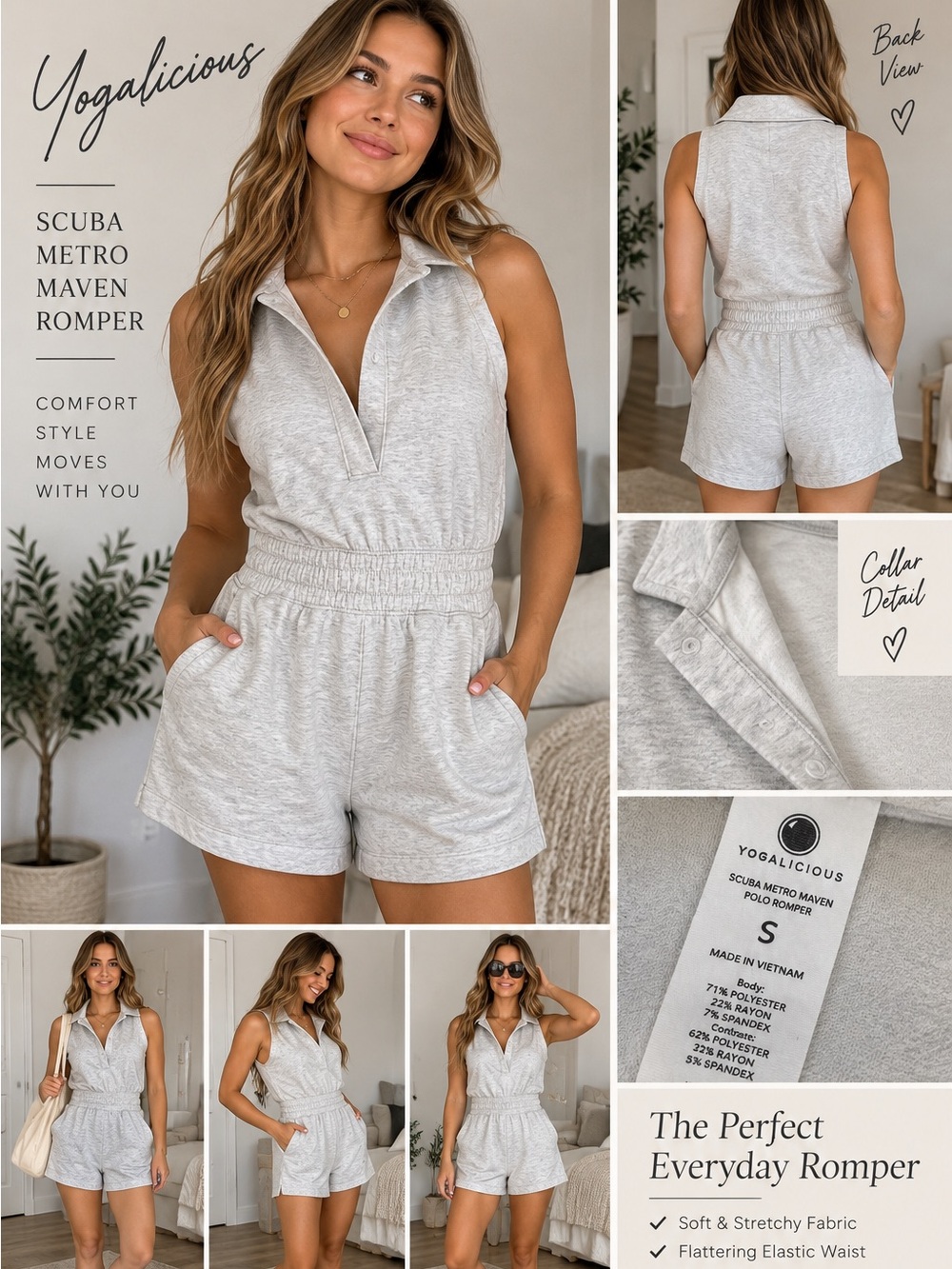 Yogalicious Light Gray Sleeveless Collared Romper